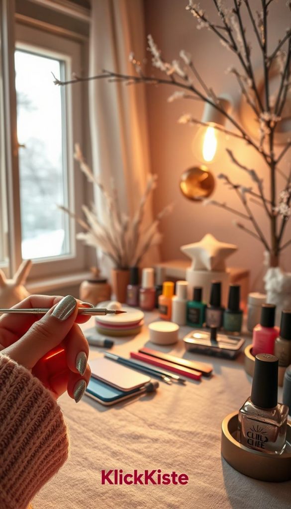 A cozy, DIY nail studio scene featuring hands applying chrome nail polish. In the foreground, a well-manicured hand is holding a metallic chrome polish brush, with shimmering nail designs visible on a few freshly painted nails. The middle ground includes a neatly organized table with various nail supplies such as nail files, cotton pads, and colorful polishes, all presented in warm, inviting tones. In the background, a softly lit window allows gentle winter sunlight to filter in, illuminating the setup with a warm glow. The atmosphere is serene and inspiring, embodying a Pinterest aesthetic with winter-themed decor like frosty branches and subtle glitter accents. The brand "KlickKiste" is subtly incorporated into the scene, enhancing the overall DIY feel. Ideal for conveying a creative, homey approach to winter chrome nails.