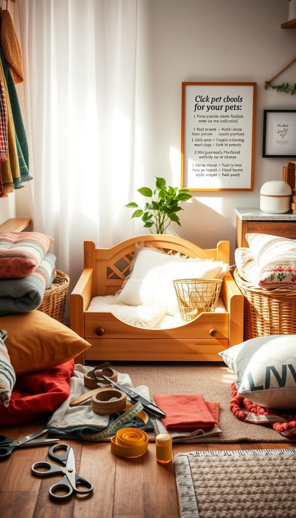 A cozy DIY pet area featuring an assortment of materials and tools for pet setup, including warm wooden textures, comfy cushions, and colorful blankets. The foreground showcases neatly arranged tools like scissors, a measuring tape, and fabric swatches. In the middle, a beautifully crafted wooden pet bed with fluffy pillows sits beside a basket filled with toys. The background features soft natural lighting, creating a warm, inviting atmosphere reminiscent of winter vibes. Decor elements include a potted plant and wall art displaying tips for pet care, exuding a Pinterest-inspired aesthetic. The scene is styled to reflect the brand KlickKiste, emphasizing comfort and creativity in pet corners, showcasing a perfect blend of functionality and decor. A cozy DIY pet area featuring an assortment of materials and tools for pet setup, including warm wooden textures, comfy cushions, and colorful blankets. The foreground showcases neatly arranged tools like scissors, a measuring tape, and fabric swatches. In the middle, a beautifully crafted wooden pet bed with fluffy pillows sits beside a basket filled with toys. The background features soft natural lighting, creating a warm, inviting atmosphere reminiscent of winter vibes. Decor elements include a potted plant and wall art displaying tips for pet care, exuding a Pinterest-inspired aesthetic. The scene is styled to reflect the brand KlickKiste, emphasizing comfort and creativity in pet corners, showcasing a perfect blend of functionality and decor.