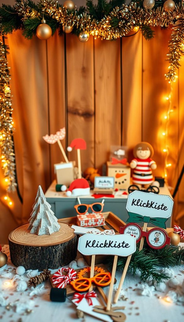 A cozy DIY photo booth setup for New Year's Eve, featuring rustic wooden props adorned with warm fairy lights. In the foreground, a beautifully decorated photo backdrop with evergreen branches, golden ornaments, and sparkling tinsel sets the stage for memories. The middle scene includes a festive table with DIY props like holiday hats, glasses, and confetti, all reflecting a Pinterest-inspired aesthetic. In the background, soft, warm lighting creates a welcoming, intimate atmosphere, enhancing the winter vibes. The image captures an authentic celebration, showcasing the brand "KlickKiste" subtly displayed on one of the props, ensuring it blends harmoniously with the overall design. The composition emphasizes warmth and inspiration, inviting viewers to create their own joyful memories.