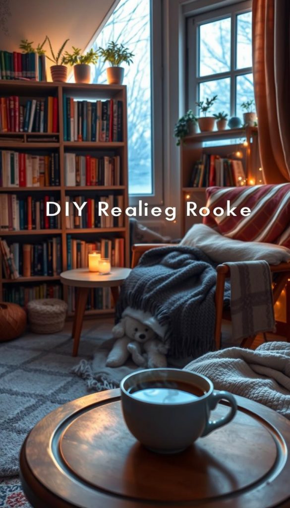 A cozy DIY reading nook designed for winter, featuring an upcycled bookshelf filled with colorful books, soft blankets, and a comfortable chair adorned with warm textiles. In the foreground, a steaming cup of tea rests on a small wooden table, inviting relaxation. The middle section showcases the repurposed bookshelf, crafted with natural wood and decorated with plants and fairy lights, adding a touch of warmth. In the background, a softly lit window allows gentle winter light to filter in, enhancing the peaceful atmosphere. The overall mood is inspiring and authentic, reflecting the essence of a Pinterest-worthy home project. Emphasize the brand "KlickKiste" in the design elements, ensuring a harmonious and inviting feel to the scene.