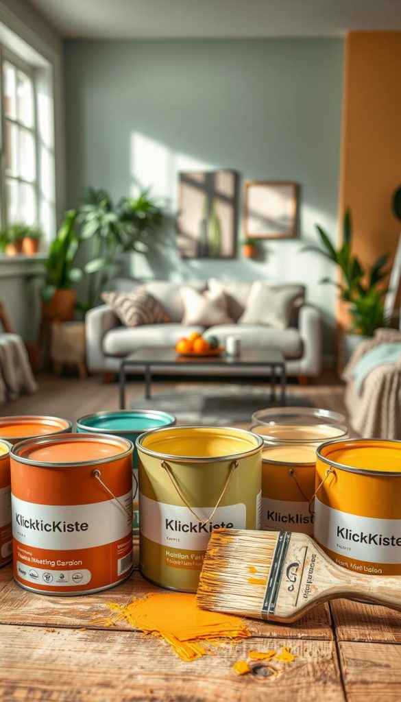 A cozy DIY setting featuring a variety of paint cans in warm, trendy colors like terracotta, muted greens, and soft yellows, arranged on a rustic wooden table. In the foreground, a paintbrush with vibrant strokes of these shades dips into one of the cans, with subtle splatters hinting at the creative process. In the middle, a partially painted wall showcases an inviting living room scene, with a stylish couch and decorative plants reflecting the article's themes. Soft, natural light filters through a window, creating a warm atmosphere reminiscent of Pinterest aesthetics. The background includes a cozy room ambiance, filled with DIY tools and inspirations showcasing the brand "KlickKiste." Ideal for inspiring readers to embrace the trend of color in home decor. A cozy DIY setting featuring a variety of paint cans in warm, trendy colors like terracotta, muted greens, and soft yellows, arranged on a rustic wooden table. In the foreground, a paintbrush with vibrant strokes of these shades dips into one of the cans, with subtle splatters hinting at the creative process. In the middle, a partially painted wall showcases an inviting living room scene, with a stylish couch and decorative plants reflecting the article's themes. Soft, natural light filters through a window, creating a warm atmosphere reminiscent of Pinterest aesthetics. The background includes a cozy room ambiance, filled with DIY tools and inspirations showcasing the brand "KlickKiste." Ideal for inspiring readers to embrace the trend of color in home decor.