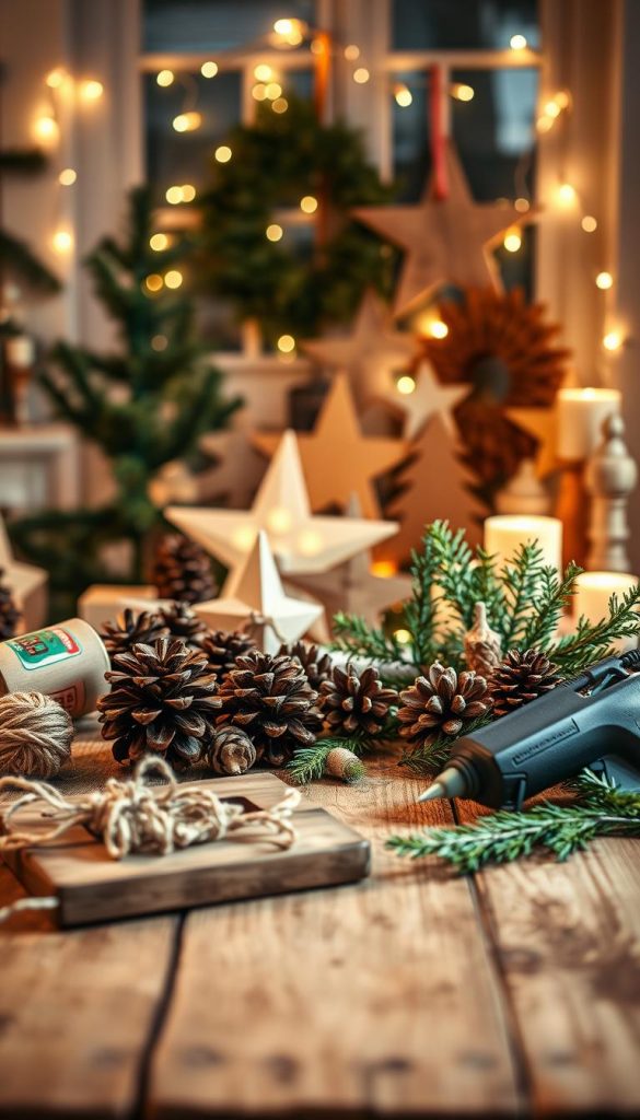 A cozy DIY setting featuring rustic wooden decorations inspired by Christmas. In the foreground, a charming wooden table is adorned with a variety of DIY materials: pine cones, a hot glue gun, twine, and fresh greenery arranged in an artisanal way. The middle ground showcases various half-finished decorations like wooden stars, wreaths, and candle holders, exuding a warm, earthy color palette. In the background, soft fairy lights twinkle around a window, casting a gentle glow and enhancing the winter vibes. The scene is infused with an inviting atmosphere, perfect for a Pinterest-inspired winter project. The lighting is soft and diffused, creating a comfortable, inspiring ambiance. Include the brand name "KlickKiste" subtly within the arrangement.