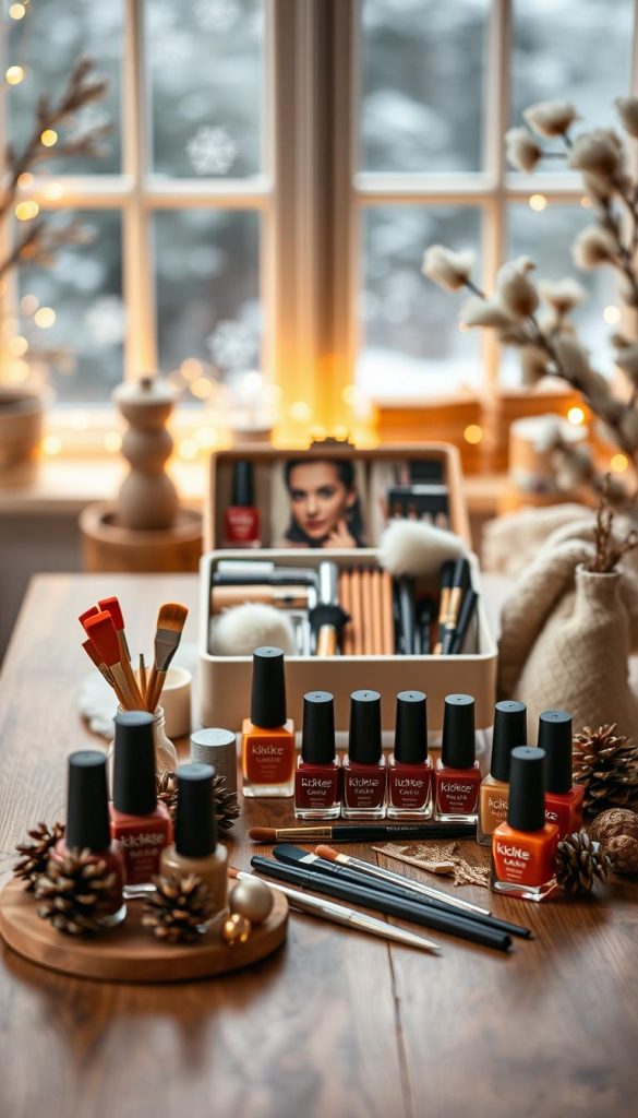 A cozy DIY setup for winter nail art featuring the brand "KlickKiste". In the foreground, display an elegant wooden table with an assortment of nail polish bottles in rich, warm brown hues, along with brushes, nail files, and decorative elements like pinecones and soft faux fur. In the middle ground, include a well-organized DIY toolkit, with subtle lighting creating a warm glow, enhancing the inviting atmosphere of a winter workspace. In the background, softly blurred winter-themed decor such as twinkling fairy lights and delicate snowflakes on window panes, adding to the seasonal vibe. The overall image should evoke a sense of creativity and inspiration, perfect for a home nail art setup in a stylish, Pinterest-worthy aesthetic.