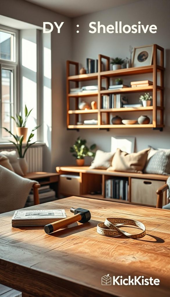 A cozy DIY shelving book displayed in a warm, inviting living room setting, featuring rustic wooden shelves filled with neatly arranged books and decorative plants. In the foreground, a warm light from a nearby window highlights the natural texture of the wood, creating soft shadows that enhance the material's grain. In the middle, a minimal yet stylish workspace with tools like a hammer and measuring tape scattered artfully, showcasing an inspiring DIY project atmosphere. In the background, soft, muted colors add to the relaxing vibe of the room, with plush cushions and a fluffy rug completing the scene. Overall, the image should evoke a sense of warmth, creativity, and tranquility, reflecting the aesthetics of modern minimalist living, branded subtly with &quot;KlickKiste&quot; in a corner.