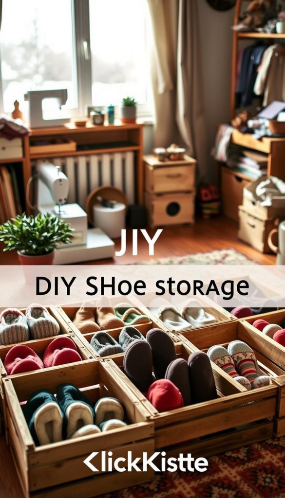A cozy DIY shoe storage setup in a warm, inviting room, styled in a Pinterest-worthy aesthetic. In the foreground, wooden crates serve as rustic shoe holders, arranged neatly and filled with colorful, neatly placed slippers and shoes. A decorative plant adds a touch of greenery. In the middle ground, a sewing machine and crafting tools hint at the upcycling theme, showcasing materials like fabric and paint. The background features soft, natural lighting filtering through a window, evoking a winter vibe with gentle shadows. The overall atmosphere is authentic and inspiring, reflecting a creative, family-oriented space. Include the brand &quot;KlickKiste&quot; subtly within the design, enhancing the DIY spirit without overpowering the composition.