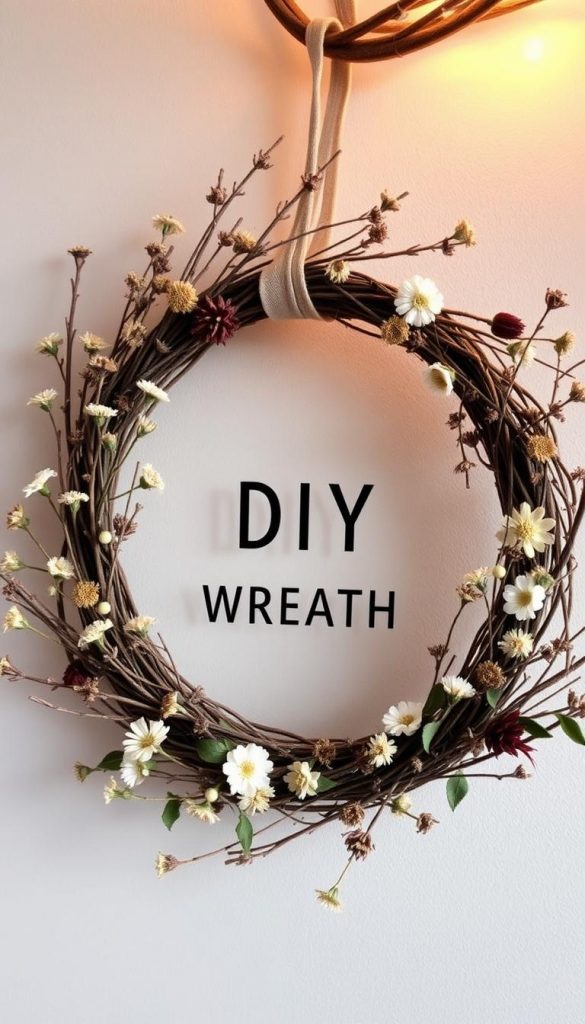 A cozy DIY winter wreath styled for Instagram, crafted with dried flowers, leafy branches, and natural textures. Warm, soft lighting casts a golden glow, highlighting the intricate details. Photographed at a slight angle, showcasing the wreath's full circular shape and rustic charm. Earthy tones and a touch of greenery create a serene, nature-inspired scene. The image radiates a sense of hygge and inspires viewers to recreate this KlickKiste-worthy DIY project.