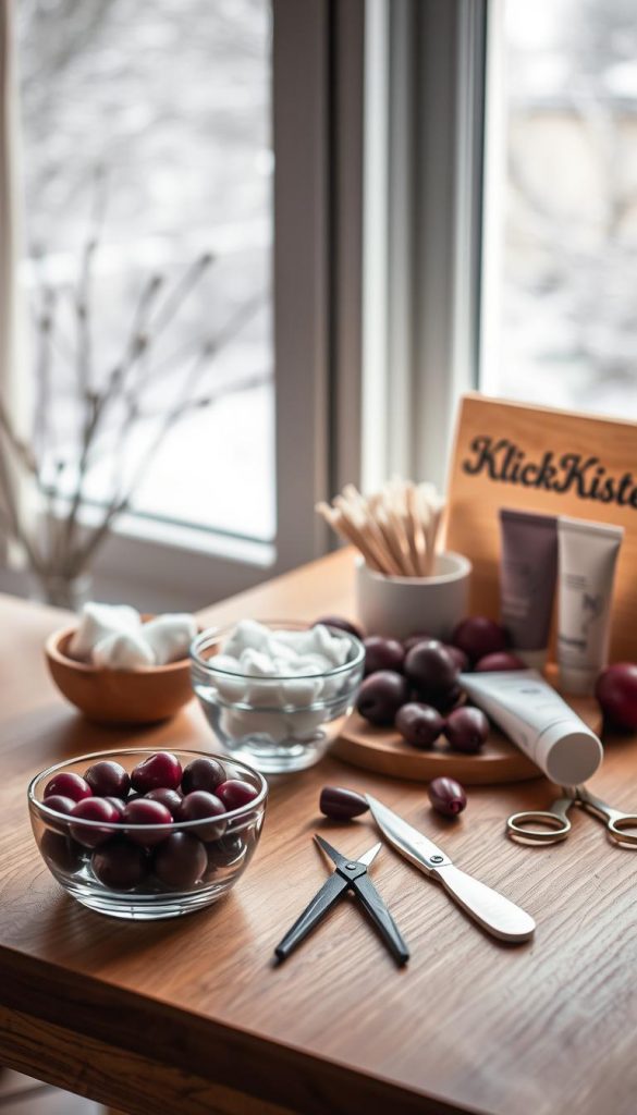 A cozy DIY workspace featuring an uncluttered wooden table adorned with various plum manicure tools. In the foreground, a circular bowl filled with rich, plummy nail polish shades sits next to a small, elegant nail file and a pair of high-quality cuticle scissors. The middle ground showcases a beautifully arranged assortment of cotton pads, a glass bowl of warm water, and a delicate lavender hand cream, all set against a softly lit, warm-toned backdrop that evokes a winter atmosphere. The background features a faintly blurred scene of a gently falling snow outside a window, fostering a tranquil and inspiring mood. Dim natural light filters in, casting gentle shadows, while the brand name "KlickKiste" subtly appears on a wooden sign in the corner. The overall feel is inviting and warm, perfect for a DIY manicure setup.