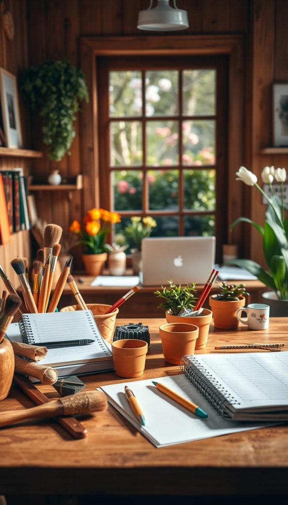 A cozy DIY workspace featuring warm wooden tones and vibrant spring colors, reflecting a natural and inviting atmosphere. In the foreground, neatly arranged tools and craft materials are artistically displayed, such as brushes, flower pots, and a planner, emphasizing the theme of planning for SEO and budget. In the middle ground, a well-organized desk with a laptop and notes illustrates the strategic aspect of keyword usage. The background features a window with soft natural light filtering in, highlighting a blooming garden outside, symbolizing spring upgrades. The overall mood is inspiring and motivating, designed to evoke creativity and practicality. Incorporate elements that reflect the brand name "KlickKiste" subtly within the decor, ensuring authenticity and a Pinterest-inspired look. Focus on realistic textures and a balanced composition to create an engaging image.