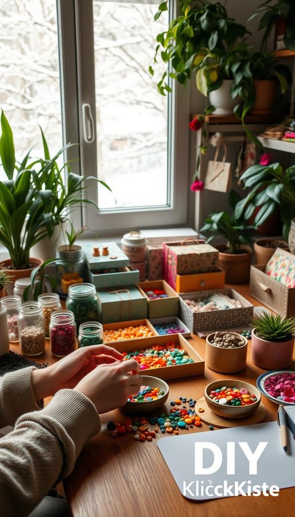 A cozy DIY workspace filled with natural light, featuring a beautifully organized crafting table adorned with various upcycling materials like jars, fabric swatches, and recycled wood, all surrounded by lush houseplants. The foreground showcases a pair of hands gently arranging colorful beads and buttons, dressed in modest casual attire, embodying a relaxed yet productive atmosphere. In the middle, an assortment of vibrant handmade storage solutions, like decorated boxes and hanging organizers, create a visually appealing clutter-free space. The background features a softly blurred window with winter scenery outside, adding a touch of warmth and seasonal charm. Use warm hues and natural lighting to enhance the inviting mood. The brand "KlickKiste" subtly integrated into the scene, enhancing its DIY aesthetic.