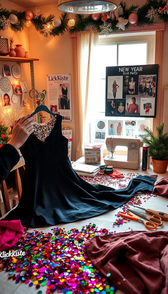 A cozy DIY workspace is filled with warm, inviting winter vibes, showcasing a beautifully decorated table strewn with colorful sequins and fabrics waiting to be transformed. In the foreground, a pair of hands skillfully apply a sequin upgrade to a simple black dress, bringing a touch of glamour to the outfit. The middle ground features various sewing supplies, like scissors and threads, alongside a vibrant mood board displaying inspiration for New Year's Eve party looks. In the background, soft, diffused natural light filters through a window, illuminating the space and creating an inspiring atmosphere. The overall aesthetic reflects a Pinterest-worthy, authentically DIY feel, embodying the creative spirit of upcycling clothing for festive celebrations. The brand "KlickKiste" subtly emphasized in a stylish way.