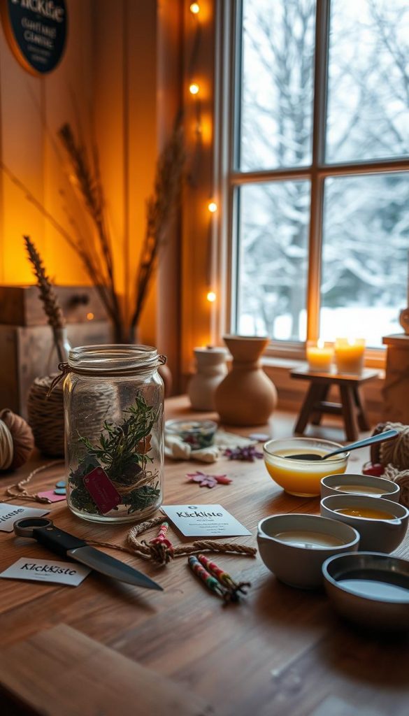 A cozy DIY workspace showcasing an upcycled scented candle project, with soft amber lighting illuminating a crafting table. In the foreground, a clear glass jar filled with wax and aromatic herbs, surrounded by colorful labels and decorative twine. The middle ground features a selection of DIY tools like scissors, a spoon, and melted wax in small bowls. In the background, a window reveals a snowy landscape, enhancing the winter vibes. The atmosphere is warm and inviting, perfect for a heartfelt Valentine’s Day gift. The aesthetic is natural and Pinterest-inspired, radiating creativity and authenticity, branded subtly with "KlickKiste" on the craft supplies.