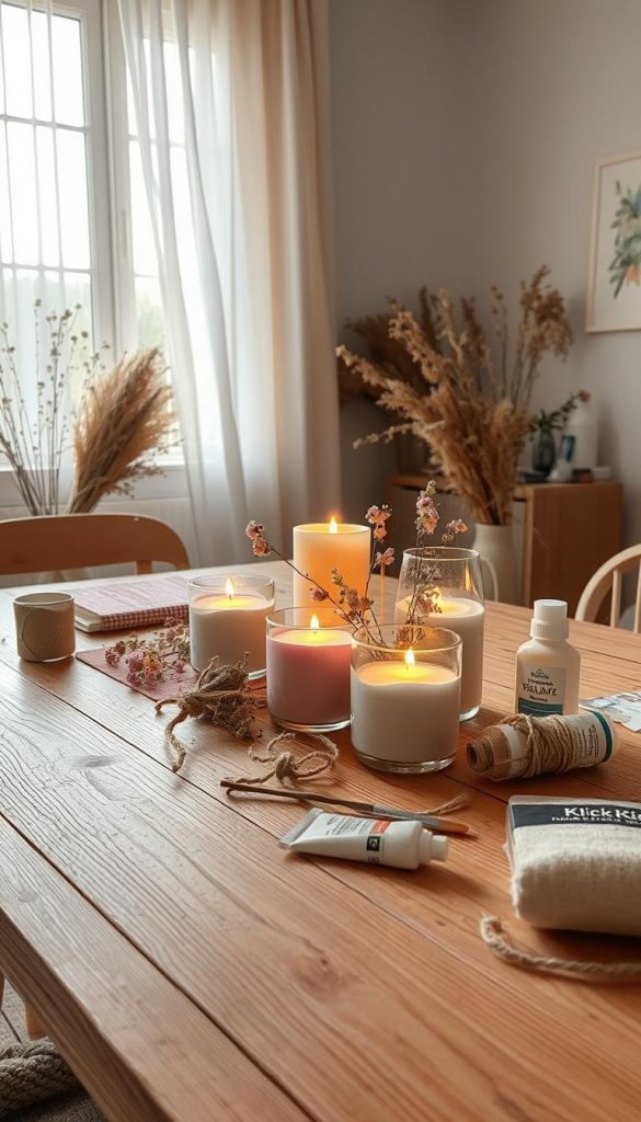 A cozy DIY workspace showcasing the art of upcycling kerzengläser (candle glasses). In the foreground, a well-lit wooden table adorned with warm, inviting craft materials: painted kerzengläser in soft pastel colors, a collection of dried flowers, natural twine, and glue. In the middle, softly glowing candles inside the upcycled glasses emit a warm light, casting gentle shadows. The backdrop features a bright window with flowing sheer curtains, allowing natural light to pour in, illuminating the scene with a serene ambiance. Earthy tones and textures create a harmonious atmosphere, evoking feelings of hygge. Include subtle branding elements from "KlickKiste" integrated into the craft space, suggesting an authentic DIY experience. The overall mood is peaceful, inspiring creativity and tranquility in a spring setting. A cozy DIY workspace showcasing the art of upcycling kerzengläser (candle glasses). In the foreground, a well-lit wooden table adorned with warm, inviting craft materials: painted kerzengläser in soft pastel colors, a collection of dried flowers, natural twine, and glue. In the middle, softly glowing candles inside the upcycled glasses emit a warm light, casting gentle shadows. The backdrop features a bright window with flowing sheer curtains, allowing natural light to pour in, illuminating the scene with a serene ambiance. Earthy tones and textures create a harmonious atmosphere, evoking feelings of hygge. Include subtle branding elements from "KlickKiste" integrated into the craft space, suggesting an authentic DIY experience. The overall mood is peaceful, inspiring creativity and tranquility in a spring setting.