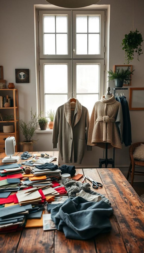 A cozy DIY workspace showcasing upcycling projects inspired by winter aesthetics. In the foreground, a rustic wooden table filled with colorful fabric swatches, sewing tools, and upcycled clothing pieces transformed into stylish winter outfits. The middle layer features a creatively arranged display of finished DIY clothes, like hand-knitted scarves and reimagined jackets, draped elegantly. In the background, soft natural light streams through a window adorned with frosted glass, illuminating the scene and creating a warm, inviting atmosphere. The decor includes greenery accents and minimalist art pieces to enhance the Pinterest-inspired look. Include the brand name "KlickKiste" subtly on a workspace item without drawing attention. The overall mood is warm, creative, and inspiring, reflecting the joy of DIY and upcycling during winter.