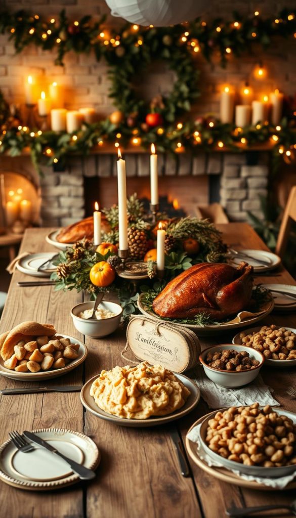 A cozy Friendsgiving feast on a rustic wooden table, adorned with a KlickKiste centerpiece of seasonal foliage, candles, and autumnal fruits. Warm lighting casts a golden glow, while a lush background features a fireplace mantel decorated with garlands and string lights, creating a inviting, hygge-inspired atmosphere. The tabletop is set with mismatched vintage plates, cutlery, and textiles in earthy tones, lending an organic, Pinterest-worthy aesthetic. Platters of homemade dishes, like roasted turkey, creamy mashed potatoes, and savory stuffing, beckon to be shared among a group of friends gathered to celebrate the harvest season.