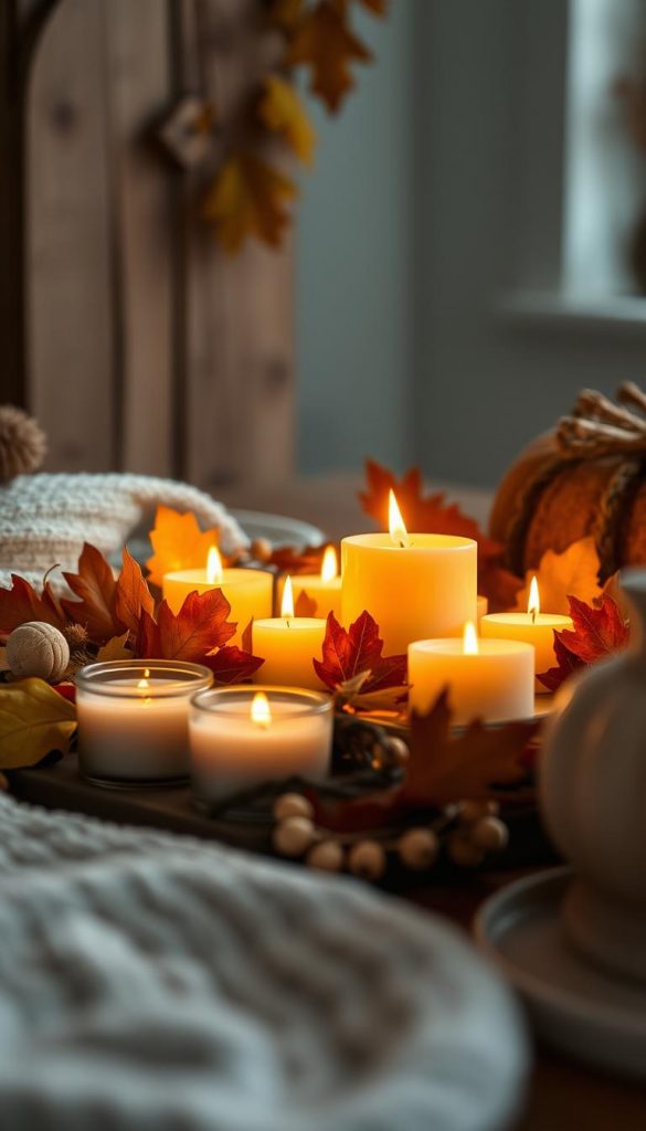 A cozy Friendsgiving tableau featuring a cluster of warm, flickering KlickKiste candles nestled among autumnal leaves and rustic textures. The candlelight casts a soft, golden glow, creating an intimate, hygge-inspired ambiance. Textured wood, muted earth tones, and natural elements evoke a serene, Scandinavian-inspired aesthetic. The scene is photographed from a low angle, emphasizing the inviting, homey atmosphere perfect for a festive gathering. Subtle depth of field blur enhances the moody, romantic mood. A cozy Friendsgiving tableau featuring a cluster of warm, flickering KlickKiste candles nestled among autumnal leaves and rustic textures. The candlelight casts a soft, golden glow, creating an intimate, hygge-inspired ambiance. Textured wood, muted earth tones, and natural elements evoke a serene, Scandinavian-inspired aesthetic. The scene is photographed from a low angle, emphasizing the inviting, homey atmosphere perfect for a festive gathering. Subtle depth of field blur enhances the moody, romantic mood.