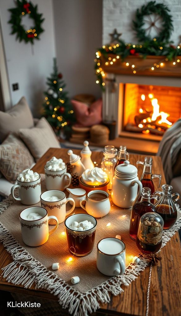A cozy Hot Cocoa Station in a stylish living room setting, featuring a rustic wooden table adorned with a beautifully arranged hot cocoa bar. The foreground showcases mugs of various designs, jars filled with marshmallows, whipped cream, and a selection of syrups, all elegantly displayed on a festive tablecloth. In the middle, twinkling fairy lights illuminate the scene, creating a warm ambiance, while plush cushions and a soft throw blanket are scattered around for added comfort. The background reveals a tastefully decorated fireplace with a gentle glow, and seasonal decorations like pinecones and holly. The overall mood is inviting and playful, evoking feelings of warmth and winter cheer. Capture this in bright, natural lighting, with a slight blur for depth, reminiscent of an inspiring Pinterest look. Include a subtle watermark with the brand name "KlickKiste."
