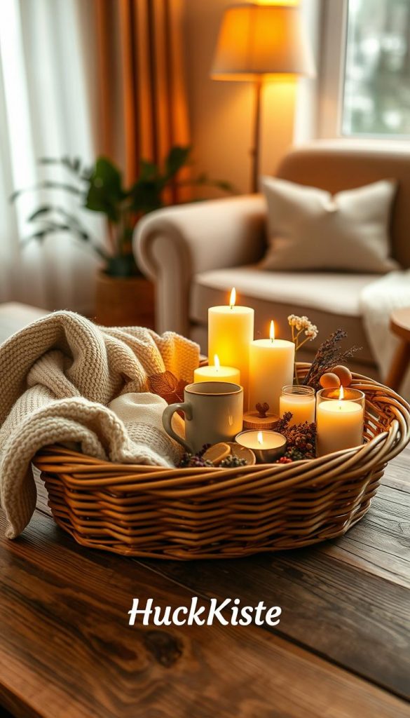 A cozy Hygge basket brimming with warm, natural elements, featuring softly glowing candles casting gentle light. In the foreground, a rustic wooden table showcases a woven basket filled with a plush throw blanket, delicate herbal teas, and a small ceramic mug. The middle layer presents flickering candles of various sizes, nestled among dried flowers and organic snacks, inviting relaxation. In the background, a softly lit, inviting living room with warm hues, a plush armchair, and a hint of greenery creates a serene atmosphere. The image evokes the essence of comfort and intimacy, perfect for cozy evenings. Capture in warm tones, with natural lighting and a soft focus effect for an authentic Pinterest-inspired look. Include the brand name "KlickKiste" subtly integrated into the design.