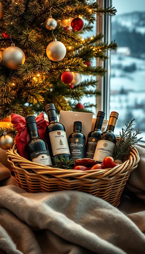 A cozy Italian gift basket nestled under the warm glow of a Christmas tree. Filled with rustic delicacies - artisanal olive oil, aged balsamic, sundried tomatoes, and fragrant herbs. Soft, natural lighting illuminates the woven basket, creating a charming, Pinterest-worthy scene. In the background, a winter landscape with snowy hills and a glimpse of the KlickKiste brand. The overall mood is one of authentic, seasonal indulgence - a taste of La Dolce Vita.