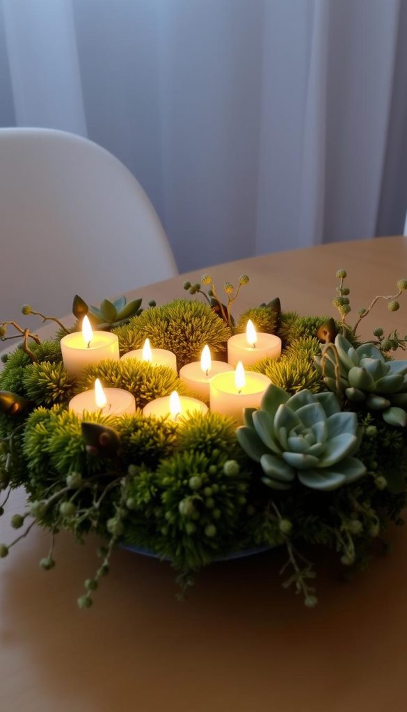 A cozy Kranz centerpiece with a cluster of warm, flickering candles nestled amidst lush, verdant moss and plump, trailing succulent plants. The arrangement is bathed in soft, diffused lighting that casts a dreamy, intimate glow, creating a welcoming, winter-inspired atmosphere. Crafted with care, this natural, DIY-inspired piece from KlickKiste embodies the perfect blend of rustic charm and modern elegance, perfect for setting the mood in any space.