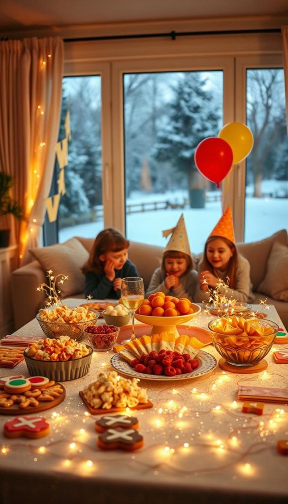 A cozy New Year’s Eve celebration scene set in a warmly lit living room, featuring an inviting table laden with colorful snacks like festive cookies, popcorn, and fruit platters. In the foreground, a bright, sparkly tablecloth holds an assortment of DIY decorations including twinkling fairy lights, colorful balloons, and cheerful banners. The middle of the image showcases a family of modestly dressed children engaged in playful activities with party hats, surrounded by a warm glow that creates a joyful atmosphere. In the background, a softly lit window reveals a snowy landscape, adding a winter vibe. The entire composition embodies a Pinterest-worthy aesthetic, inspired by "KlickKiste," with natural lighting and a harmonious blend of warm colors that evoke a sense of celebration and togetherness. A cozy New Year’s Eve celebration scene set in a warmly lit living room, featuring an inviting table laden with colorful snacks like festive cookies, popcorn, and fruit platters. In the foreground, a bright, sparkly tablecloth holds an assortment of DIY decorations including twinkling fairy lights, colorful balloons, and cheerful banners. The middle of the image showcases a family of modestly dressed children engaged in playful activities with party hats, surrounded by a warm glow that creates a joyful atmosphere. In the background, a softly lit window reveals a snowy landscape, adding a winter vibe. The entire composition embodies a Pinterest-worthy aesthetic, inspired by "KlickKiste," with natural lighting and a harmonious blend of warm colors that evoke a sense of celebration and togetherness.