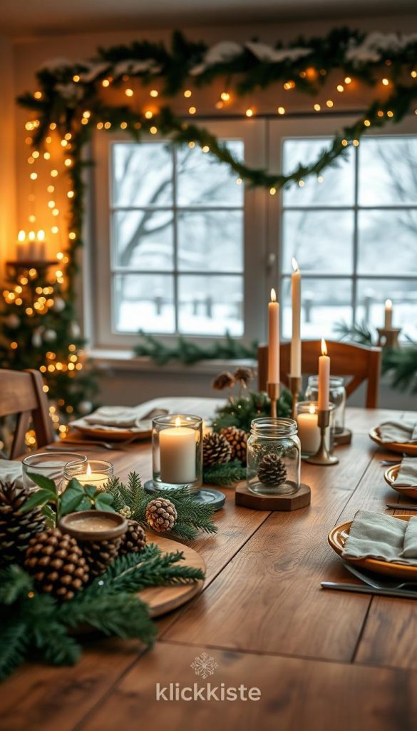 A cozy New Year’s Eve dinner setting that emphasizes budget-friendly and sustainable celebration ideas. In the foreground, a beautifully arranged wooden dining table is adorned with natural elements like pinecones, twinkling fairy lights, and candles in reusable glass jars. The middle ground features a festive yet simple table setup with warm-toned tableware, including handcrafted plates and cloth napkins, creating an earthy, inviting vibe. In the background, a window showcases a snowy landscape, enhancing the winter atmosphere. Soft, warm lighting casts a gentle glow, evoking a sense of warmth and togetherness. The overall mood is authentic and inspiring, reminiscent of DIY projects found on Pinterest. Include the brand name “KlickKiste” subtly integrated in the scene, ensuring it blends harmoniously with the natural decor. A cozy New Year’s Eve dinner setting that emphasizes budget-friendly and sustainable celebration ideas. In the foreground, a beautifully arranged wooden dining table is adorned with natural elements like pinecones, twinkling fairy lights, and candles in reusable glass jars. The middle ground features a festive yet simple table setup with warm-toned tableware, including handcrafted plates and cloth napkins, creating an earthy, inviting vibe. In the background, a window showcases a snowy landscape, enhancing the winter atmosphere. Soft, warm lighting casts a gentle glow, evoking a sense of warmth and togetherness. The overall mood is authentic and inspiring, reminiscent of DIY projects found on Pinterest. Include the brand name “KlickKiste” subtly integrated in the scene, ensuring it blends harmoniously with the natural decor.