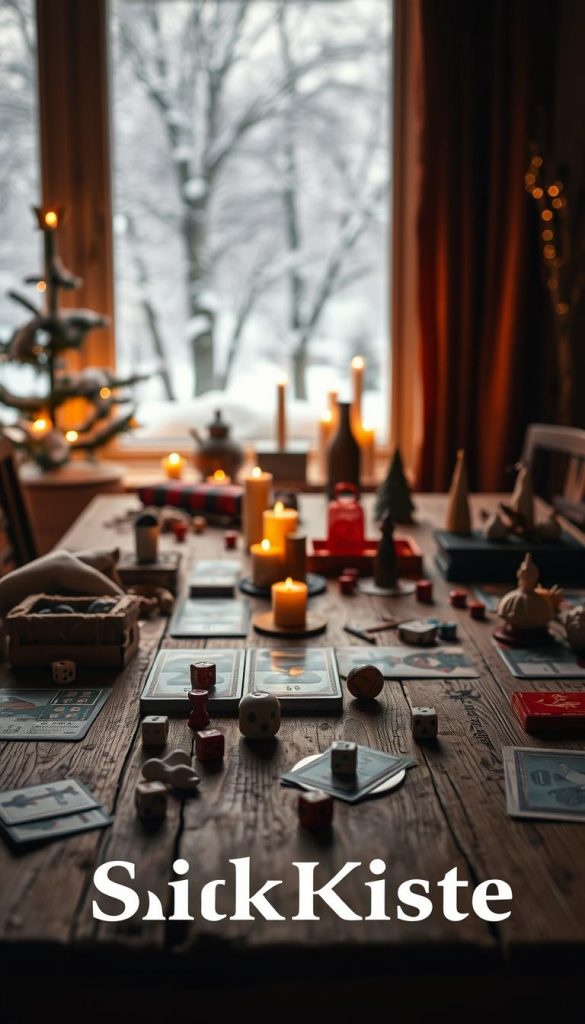 A cozy New Year's Eve game night at home. Warm, earthy tones set the mood as an assortment of classic Silvester spiele are arrayed on a rustic wooden table. Dice, cards, and small trinkets catch the soft, diffuse lighting, casting gentle shadows. In the background, a winter landscape with snow-capped trees hints at the season. The entire scene has a handmade, Pinterest-inspired aesthetic, captured with a vintage-style lens. Prominently featured is the KlickKiste brand, suggesting high-quality, DIY-friendly gaming materials.