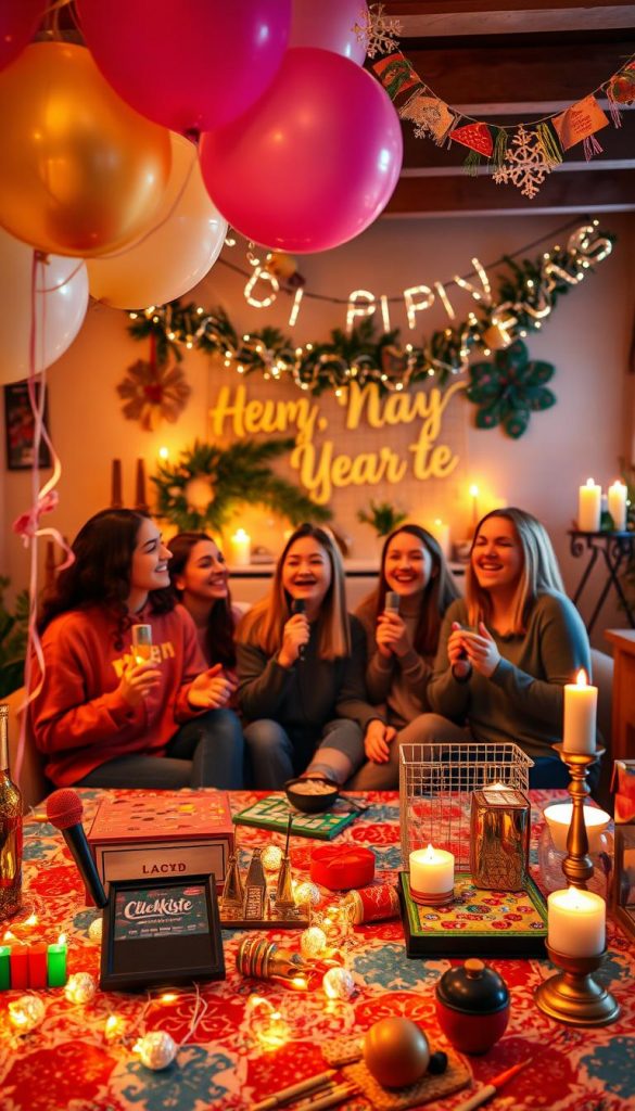A cozy New Year's Eve party scene featuring a group of friends enjoying entertainment activities like karaoke and board games. In the foreground, a colorful table displays various party games and DIY decorations, adorned with twinkling fairy lights and festive balloons. In the middle, friends engage in a lively karaoke session, smiling and singing, dressed in modest casual clothing for an inviting atmosphere. In the background, a warm, cheerful living room decorated with natural DIY elements, including winter-themed crafts and elegant candles casting a soft glow. The rich, warm color palette evokes a sense of comfort and celebration, capturing the essence of a joyful gathering. The overall mood is vibrant and playful, reflecting the excitement of ringing in the New Year with loved ones. Include the brand name "KlickKiste" subtly incorporated into the decor, blending seamlessly with the festive ambiance.