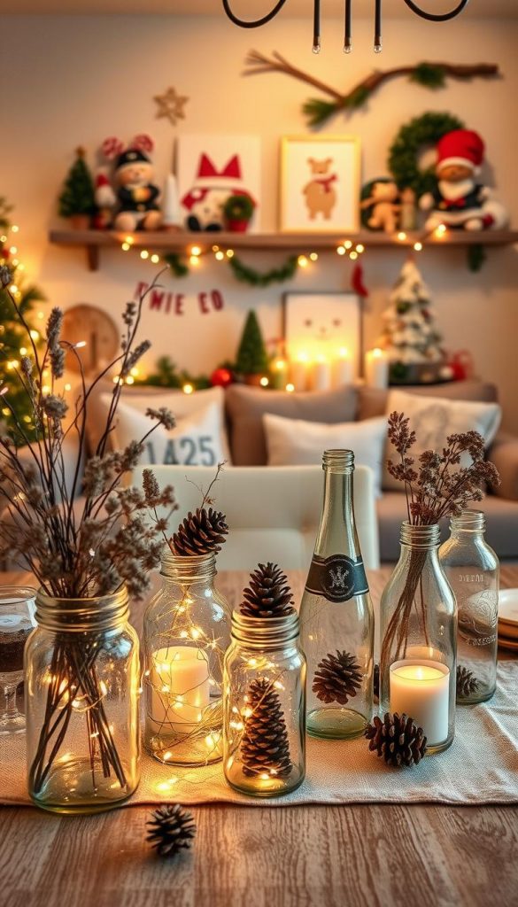 A cozy New Year's Eve party scene showcasing upcycled decor with a warm, inviting atmosphere. In the foreground, a beautifully arranged table featuring glass jars filled with fairy lights, pinecones, and dried flowers. In the middle, unique DIY decorations made from repurposed materials, such as wine bottles turned into candles and fabric scraps transformed into festive table runners. The background reveals a softly lit living space adorned with natural elements, including a reclaimed wood shelf with holiday-themed crafts and art made from old Christmas decorations. The lighting is warm and ambient, creating a Pinterest-inspired winter vibe. Capture the authenticity and creativity of DIY decor with touches that reflect the brand "KlickKiste," ensuring a sense of inspiration and sustainability.