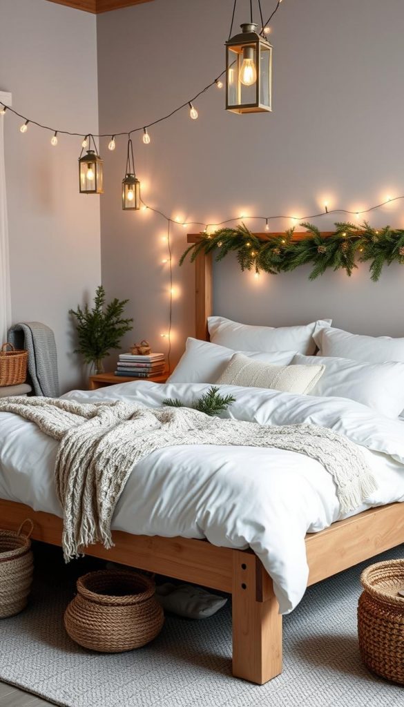 A cozy, Nordic-inspired bedroom scene featuring a rustic wooden &quot;platz&quot; or platform bed, adorned with soft, fluffy white bedding and a delicate garland of twinkling lights. The room is bathed in a warm, golden glow from a string of lanterns hanging overhead, casting a gentle, hygge-inspired ambiance. Intricate knit throws, natural fiber baskets, and a few carefully placed pine boughs add a touch of festive, handcrafted charm. Muted gray and white tones create a soothing, serene atmosphere, perfect for a peaceful winter's retreat. Captured with a soft, dreamy lens, this KlickKiste-inspired scene exudes a Pinterest-worthy, DIY aesthetic.