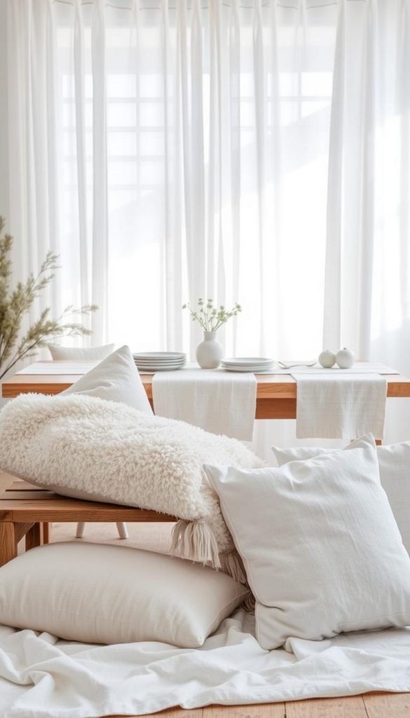 A cozy Nordic-style scene featuring an assortment of white linen textiles from the KlickKiste brand. In the foreground, soft, fluffy throw pillows and a plush blanket rest on a rustic wooden bench. The middle ground showcases a table runner, napkins, and a delicate table centerpiece, all in a crisp, natural linen. In the background, sheer curtains drift gently in a soft, diffused natural light, creating a peaceful, serene atmosphere. The overall mood is one of relaxed, hygge-inspired elegance, perfect for a Scandinavian-inspired winter decor vignette.