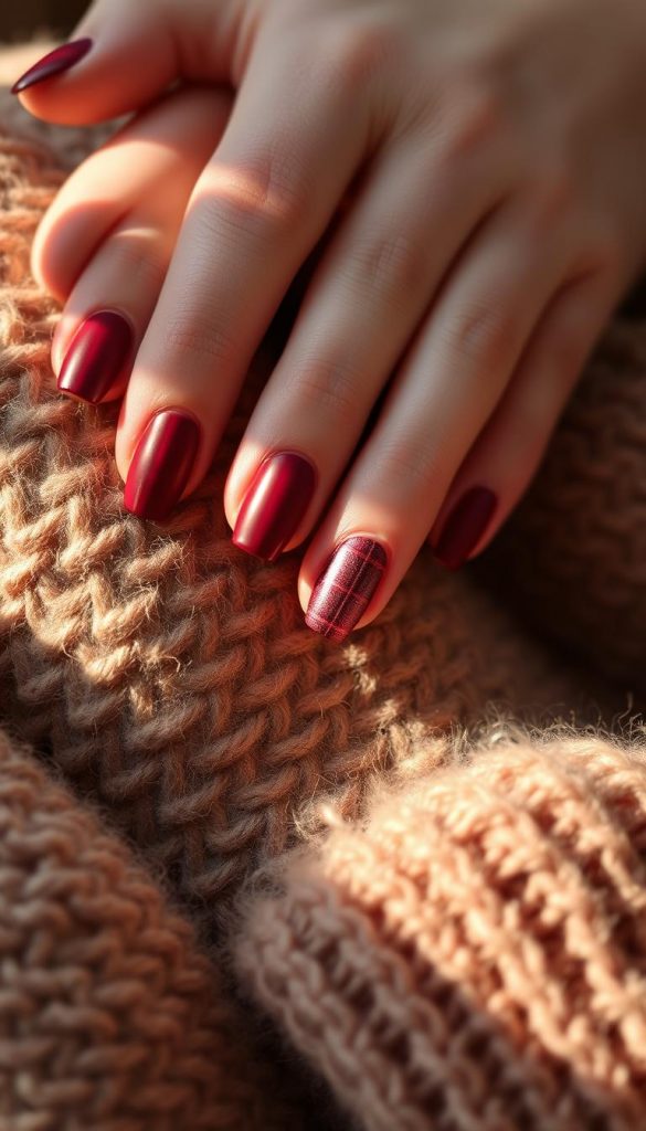 A cozy November manicure featuring warm burgundy hues, delicate golden accents, and a touch of plaid pattern. The nails are neatly shaped and polished, with a subtle matte finish that adds depth and texture. The hands are relaxed, resting on a soft, woolen surface, creating a serene, winter-inspired atmosphere. Gentle natural lighting casts a warm, inviting glow, highlighting the intricate details and the overall sense of coziness. The image has a rustic, handmade aesthetic, with a hint of Scandinavian minimalism, evoking a welcoming, homely vibe.
