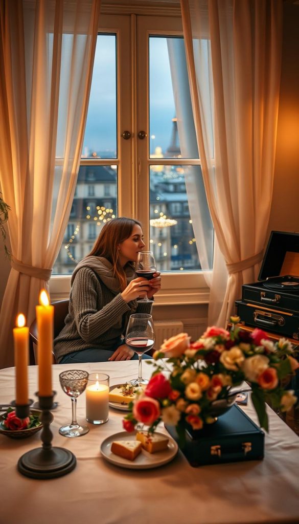 A cozy Parisian indoor scene for a romantic date night, featuring a beautifully set table adorned with candles and fresh flowers, embodying a warm and inviting atmosphere. In the foreground, a couple dressed in modest casual clothing enjoys each other's company, sharing a glass of wine and a plate of gourmet cheese. The middle ground showcases a window draped with soft curtains, through which twinkling lights of a distant cityscape can be seen. The background includes a vintage record player softly playing French music, adding to the enchanting ambiance. The lighting is warm and soft, reminiscent of a cozy winter evening, evoking feelings of romance and intimacy. Overall, the image inspires a sense of travel and love, perfect for "KlickKiste".