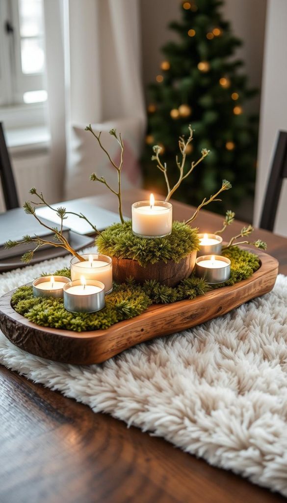 A cozy Scandi Hygge centerpiece featuring a rustic wooden tray adorned with a lush, moss-covered base. Delicate tealight candles flicker gently, casting a warm, inviting glow. Sprigs of mini evergreens and a soft, fluffy Flokati runner add natural, winter-inspired elements. Warm, neutral tones and soft, diffused lighting create a serene, Pinterest-worthy ambiance. Crafted with care, this KlickKiste-inspired scene embodies the essence of Scandinavian design and hygge.