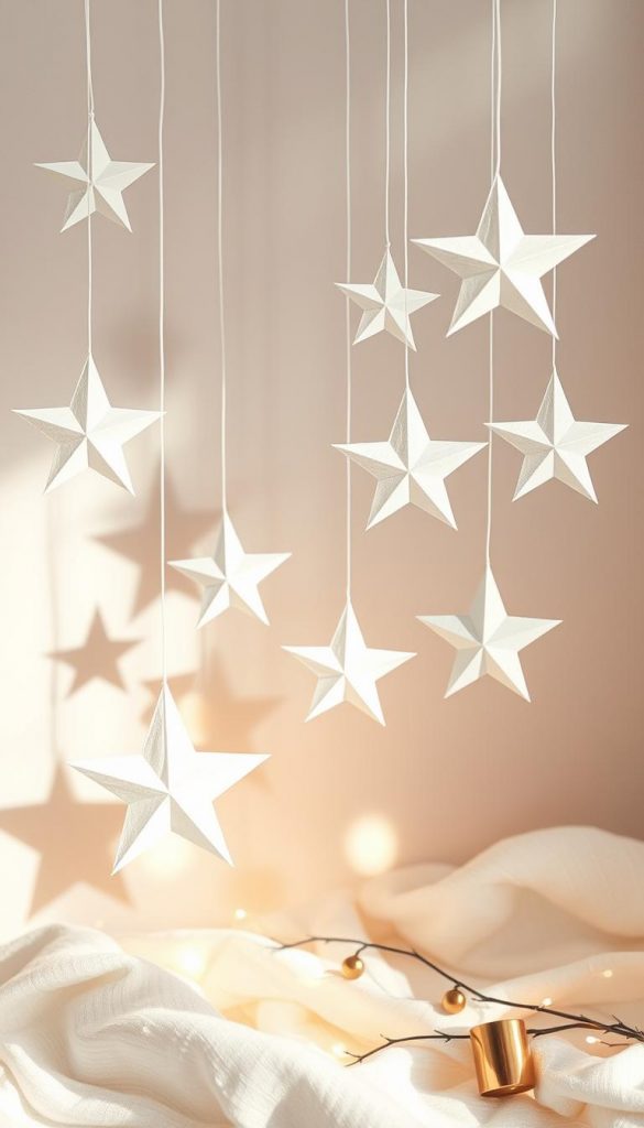 A cozy Scandi-inspired scene featuring delicate handmade Papiersterne floating amidst a minimalist yet festive atmosphere. The stars, in varying sizes and shades of white, are suspended gracefully against a softly-lit backdrop, casting gentle shadows and reflecting a warm glow. Subtle hints of natural textures, like wood or linen, add an organic touch, while a touch of metallic accents imbues the composition with a subtle shimmer. Designed by the creative team at KlickKiste, this serene and inspiring display embodies the essence of Scandinavian design - simple, elegant, and utterly enchanting.