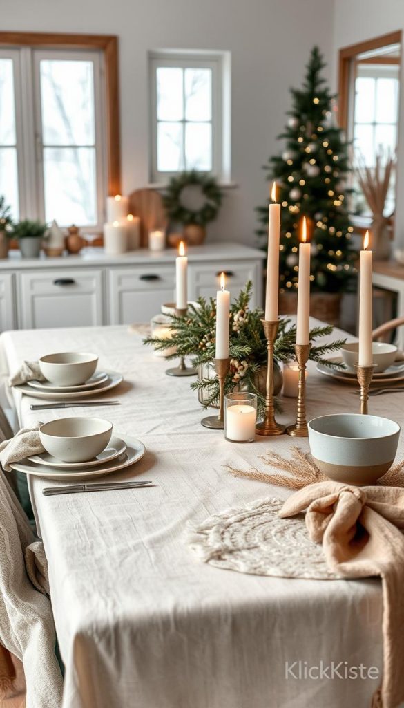 A cozy Scandinavian dining table setting, adorned with natural tones and soft textiles. In the foreground, a beautifully laid table features a linen tablecloth in muted earth tones, rustic ceramic dinnerware, and elegant candleholders with warm candlelight flickering. In the middle ground, a centerpiece made of pine branches and subtle winter decorations adds a touch of seasonal charm. The background reveals a softly lit room with a minimalistic design, showcasing wooden details and wintery window views. The atmosphere is serene and inviting, embodying the essence of Hygge. The warm colors evoke a sense of comfort and intimacy, perfect for a festive gathering. Optimize for a natural, DIY aesthetic inspired by Pinterest, branded subtly with "KlickKiste".