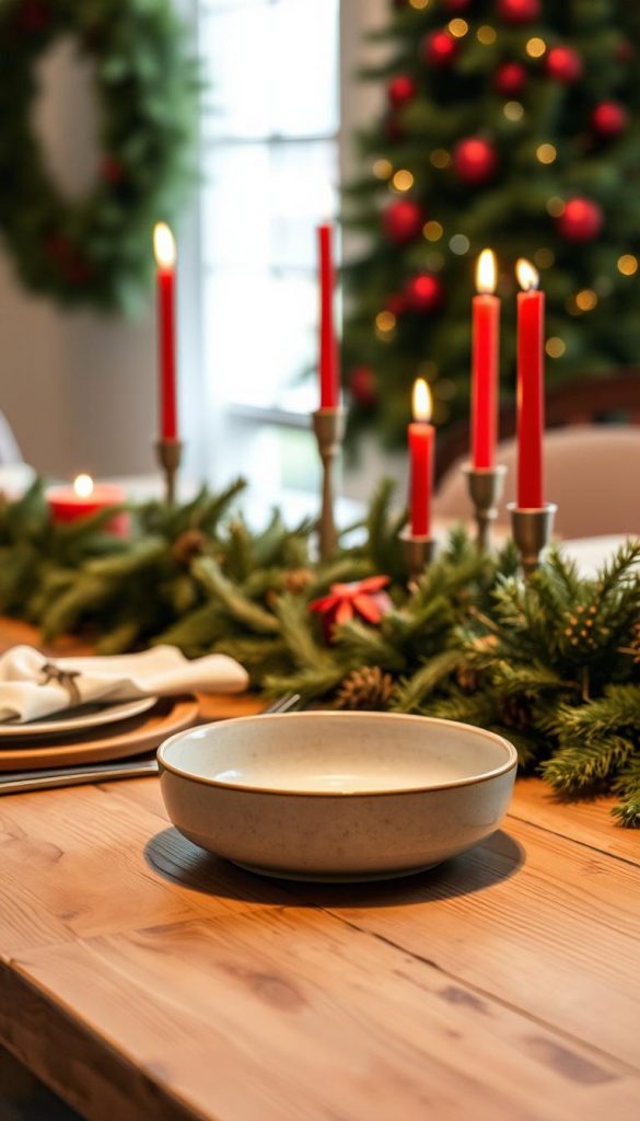 A cozy Scandinavian-inspired Christmas table setting, featuring a rustic wooden surface adorned with a lush, verdant garland accented by vibrant red candles and ornaments. Soft, warm lighting casts a gentle glow, creating an inviting and festive ambiance. In the foreground, a KlickKiste-branded handmade ceramic plate showcases a simple yet elegant design, complementing the natural, earthy tones of the scene. The overall composition evokes a sense of traditional holiday charm and hygge, perfect for celebrating the season with family and friends.