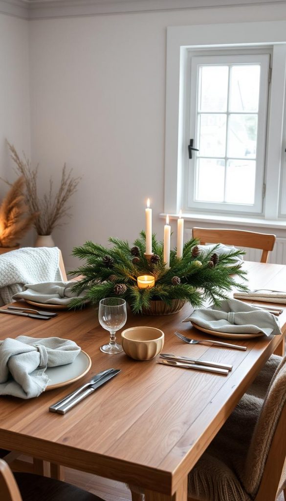 A cozy Scandinavian-inspired dining table set with a minimalist wooden table, neutral-toned tableware, and a lush garland of evergreen branches, pinecones, and candles casting a warm, intimate glow. A single large window floods the scene with soft natural light, highlighting the rustic yet elegant ambiance. Textured linen napkins, a wooden centerpiece, and a subtle hint of hygge elements like knit throws and sheepskin create a serene, inviting atmosphere perfect for a festive winter gathering. A cozy Scandinavian-inspired dining table set with a minimalist wooden table, neutral-toned tableware, and a lush garland of evergreen branches, pinecones, and candles casting a warm, intimate glow. A single large window floods the scene with soft natural light, highlighting the rustic yet elegant ambiance. Textured linen napkins, a wooden centerpiece, and a subtle hint of hygge elements like knit throws and sheepskin create a serene, inviting atmosphere perfect for a festive winter gathering.