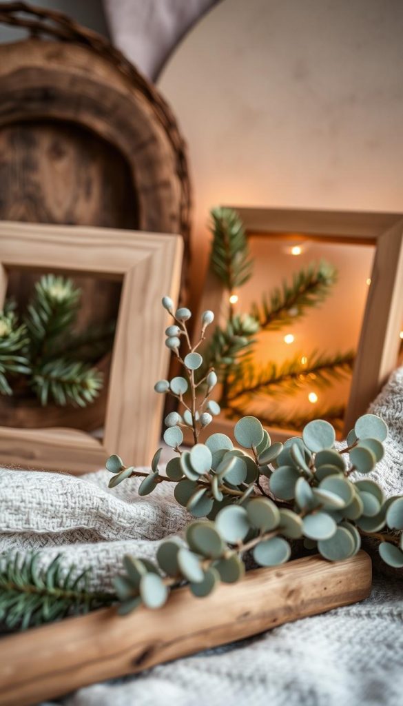 A cozy Scandinavian-inspired scene showcasing the natural materials of the season. In the foreground, rustic wooden frames and branches of fragrant evergreen pine, their textures and hues softly illuminated by warm, ambient lighting. In the middle ground, a sprig of delicate eucalyptus leaves, their silvery-green tones adding a fresh, calming contrast. The background features a muted, winter-inspired palette, with hints of raw wood and muted textiles, creating a soothing, harmonious atmosphere. The overall mood is one of simplicity, natural beauty, and comforting hygge.