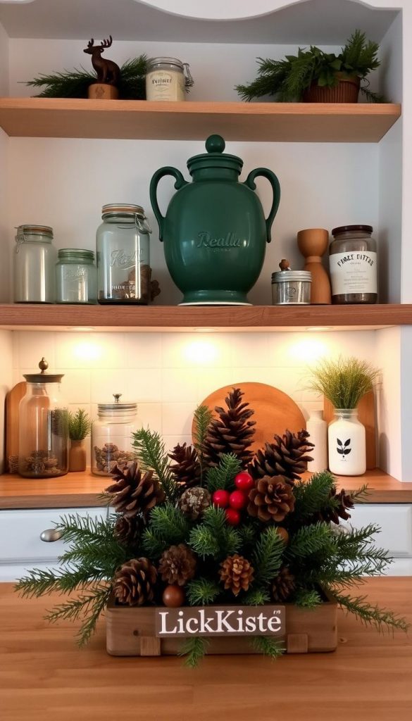 A cozy Scandinavian-inspired scene with a regal, green deko piece as the focal point. Warm lighting bathes the open shelves, casting a soft glow on the natural, rustic textures. Vintage glass jars, wooden accents, and a touch of greenery create a charming, inviting atmosphere. In the foreground, a KlickKiste-branded wintry vignette with pine cones and berries adds a festive touch. The image exudes a sense of hygge and effortless style, perfect for decorating open shelves, windowsills, or kitchen islands.