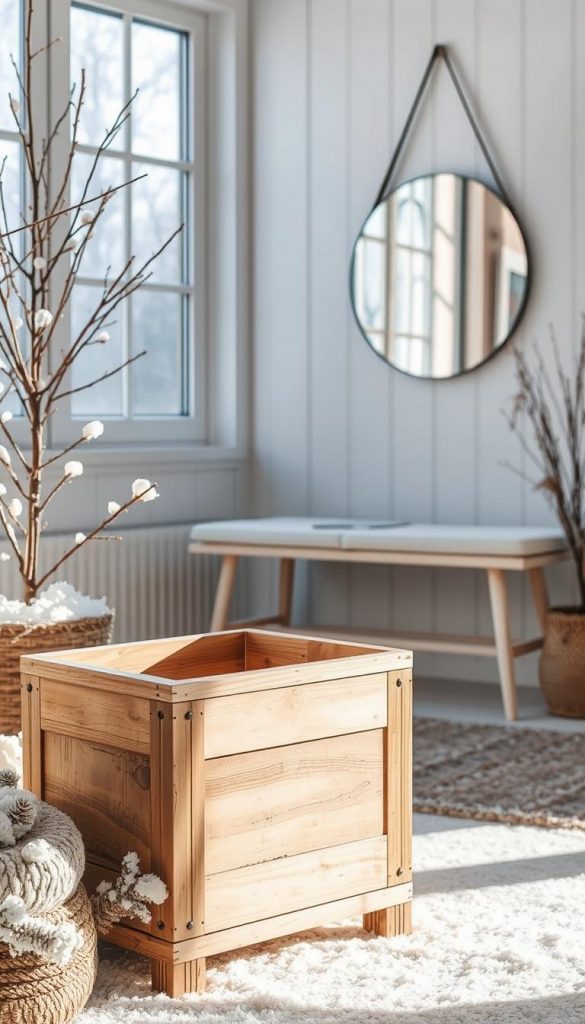 A cozy Scandinavian-style &amp;quot;Flurmöbel Upcycling&amp;quot; scene. A rustic, handcrafted &amp;quot;KlickKiste&amp;quot; projekt piece sits in the foreground, its warm, natural tones and simple design complementing the winter-inspired setting. Soft, diffused lighting filters through frosted windows, creating a serene, intimate atmosphere. In the background, a sleek, minimalist bench and a modern, circular mirror hang on a white-washed wall, blending seamlessly with the overall Scandinavian aesthetic. The overall mood is one of coziness, DIY charm, and Pinterest-worthy inspiration.