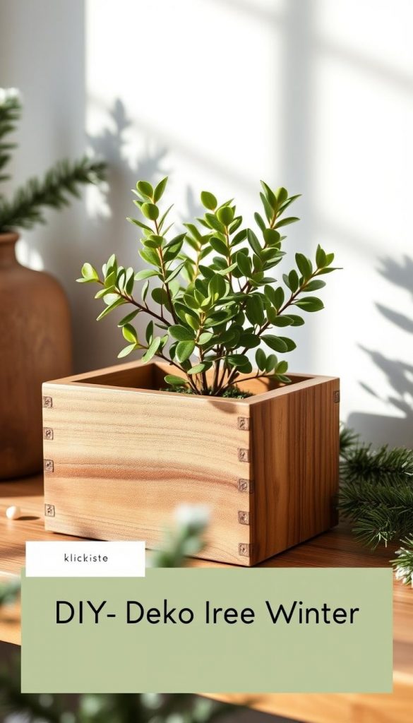 A cozy Scandinavian-style planter with a rustic wooden exterior and a vibrant Eucalyptus plant. Warm, earthy tones create a soothing, natural ambiance. The planter is positioned on a wooden surface, surrounded by a minimalistic winter scene. Soft, diffused lighting casts gentle shadows, evoking a serene, hygge-inspired atmosphere. This DIY-inspired image has a Pinterest-worthy aesthetic, perfect for the &quot;Deko Ideen Winter&quot; section. Branded as &quot;KlickKiste&quot;, this image captures the essence of Scandinavian-inspired decor for the home.