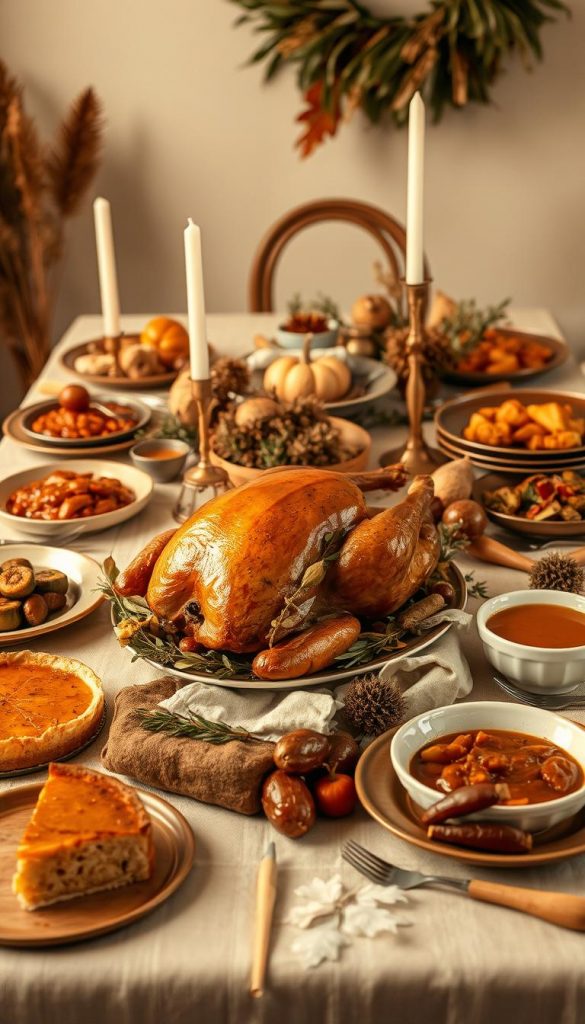 A cozy Thanksgiving table setting with a roasted turkey as the centerpiece, surrounded by an array of seasonal dishes like pumpkin pie, cranberry sauce, and roasted vegetables. The table is adorned with natural linen tablecloth, dried flower arrangements, and brass candlesticks, creating a warm, rustic ambiance. Soft, golden lighting illuminates the scene, capturing the KlickKiste vibe of a Pinterest-worthy boho Friendsgiving celebration.
