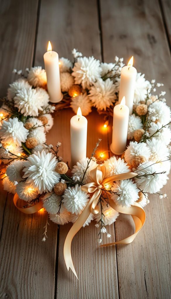 A cozy advent wreath made of fluffy white pompoms, cascading tufts of soft tüll, and delicate satin ribbons in warm earthy tones. Illuminated by the gentle glow of twinkling fairy lights, creating a serene, winter-inspired scene. The wreath is placed on a rustic wooden surface, with a subtle vignette effect for a natural, authentic look. Soft, diffused lighting from the side casts gentle shadows, enhancing the textural elements. The overall mood is warm, inviting, and evocative of a serene, handcrafted Christmas display.