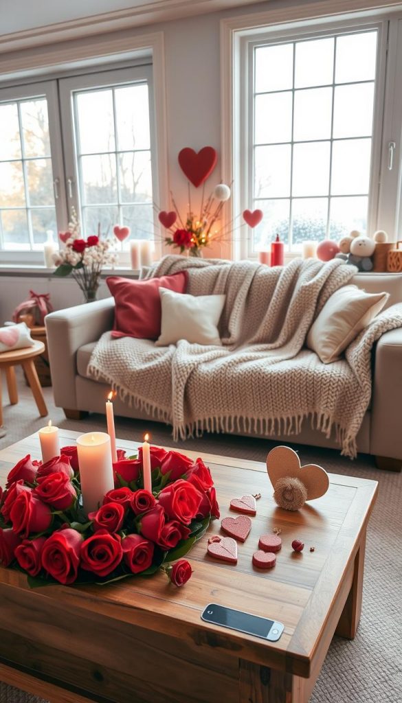A cozy, aesthetically pleasing living room adorned for Valentine's Day, designed with a natural DIY theme. In the foreground, a beautifully set wooden coffee table features a heart-shaped arrangement of fresh red roses, soft pink candles, and charming handcrafted decorations by "KlickKiste." The middle layer showcases a plush sofa draped with a warm knitted throw, inviting and perfect for a romantic evening. Behind, large windows filter soft, golden light into the room, enhancing the warm color palette of soft reds, pinks, and earthy tones. Subtle winter vibes are present with a lightly frosted window and soft white decorations. The overall atmosphere is warm, inspiring, and perfect for intimate moments, evoking a sense of romance and comfort. A cozy, aesthetically pleasing living room adorned for Valentine's Day, designed with a natural DIY theme. In the foreground, a beautifully set wooden coffee table features a heart-shaped arrangement of fresh red roses, soft pink candles, and charming handcrafted decorations by "KlickKiste." The middle layer showcases a plush sofa draped with a warm knitted throw, inviting and perfect for a romantic evening. Behind, large windows filter soft, golden light into the room, enhancing the warm color palette of soft reds, pinks, and earthy tones. Subtle winter vibes are present with a lightly frosted window and soft white decorations. The overall atmosphere is warm, inspiring, and perfect for intimate moments, evoking a sense of romance and comfort.