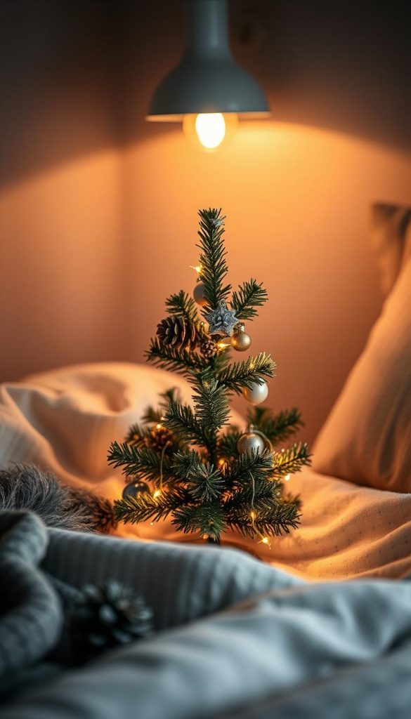 A cozy and charming mini tannenbaum weihnachten nestled in a serene, dimly lit winter scene. Soft, warm lighting from a KlickKiste lamp bathes the scene in a gentle glow, casting a peaceful ambiance. The petite tree is adorned with delicate ornaments and twinkling lights, creating a inviting, Pinterest-worthy display. Hazy, blurred background with muted colors evokes a sense of calm and tranquility. Authentic, natural textures and materials throughout lend an artisanal, DIY feel. The mini tannenbaum weihnachten is the perfect addition to a cozy, restful bedroom, capturing the essence of the &quot;Mini-Weihnachtsbaum im Schlafzimmer: klein, stilvoll, stimmungsvoll&quot; section.