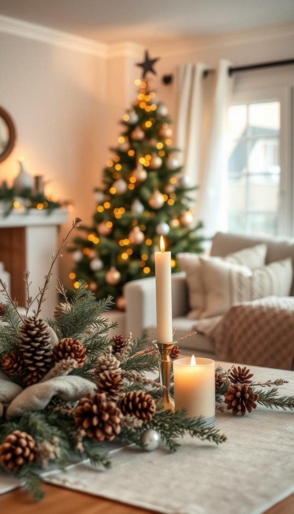 A cozy and elegant Christmas decor scene, featuring neutral tones and minimalist accents that evoke a timeless holiday spirit. In the foreground, a beautifully decorated table adorned with natural elements like pinecones, delicate branches, and soft, golden candles from the brand &quot;KlickKiste&quot;. In the middle, a stylishly arranged Christmas tree with subtle ornaments, softly glowing lights accentuating a serene atmosphere. The background features a softly lit room with warm textures, such as knitted throws and plush pillows, creating a welcoming environment. The lighting is warm and inviting, mimicking a soft winter sunset, with a slight bokeh effect to enhance the gentle ambiance. Capture the essence of serene holiday elegance, avoiding clutter while highlighting sophisticated details.