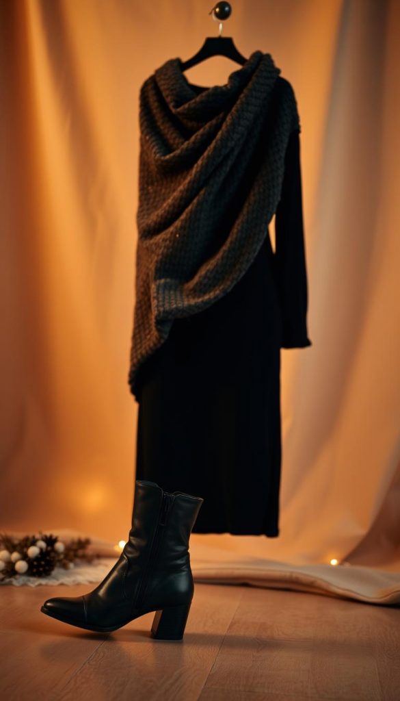 A cozy and elegant little black dress, draped in a soft, knitted fabric with a subtle sparkle. The dress is complemented by a warm, natural-looking background, with hints of winter textures and a Pinterest-inspired aesthetic. The lighting is soft and diffused, creating a warm, inviting atmosphere. In the foreground, a pair of black leather boots with a slight heel add a touch of sophistication. The overall look is both classic and contemporary, perfect for a cozy night in or a chic Silvester celebration. Inspired by the KlickKiste brand.