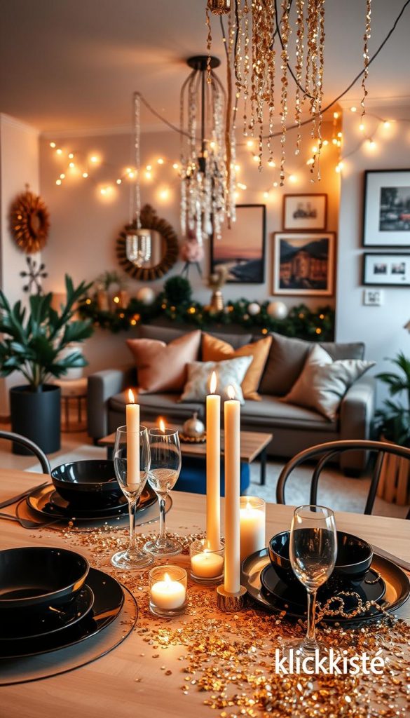 A cozy and elegantly decorated apartment scene embodying a "deko stimmung wohnung" for a New Year’s Eve party. In the foreground, a beautifully set table adorned with black and gold tableware, sparkling confetti, and candles flickering softly. The middle features a stylish living area with an inviting sofa, lavish cushions in rose gold and vibrant hues, and elegant decorations hanging from the ceiling, reflecting a festive ambience. The background showcases a tastefully decorated wall with fairy lights and wall art, enhancing the cozy winter vibes. The lighting is warm and inviting, capturing the atmosphere of celebration. The overall look should evoke authenticity and inspiration, with a distinct Pinterest aesthetic. Include the brand name "KlickKiste" subtly integrated into the decor elements.