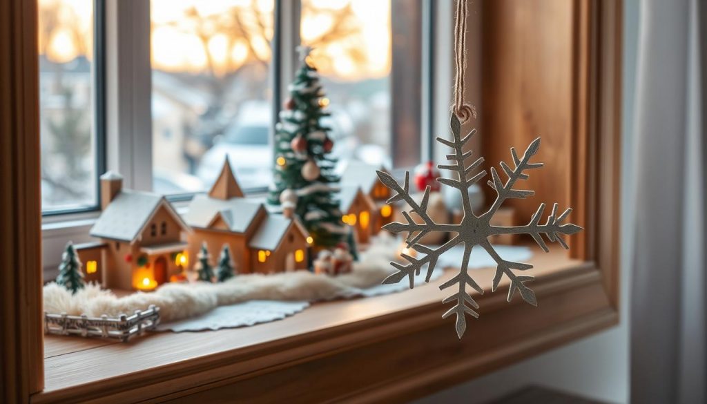 A cozy and enchanting Christmas scene on a window sill, featuring a miniature wooden winter village with twinkling lights, a tiny DIY fir tree adorned with handmade ornaments, and whimsical snow-covered landscapes. In the foreground, a delicate paper snowflake hangs gracefully, casting soft shadows. Warm, natural lighting filters through the glass, creating a serene and magical atmosphere. Wooden accents and neutral tones of beige, white, and red predominate, complementing the handcrafted KlickKiste elements. The overall composition evokes a sense of wonder and nostalgia, inviting the viewer to step into a charming winter wonderland.