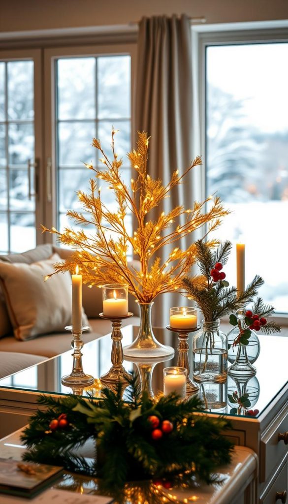A cozy and festive living room setting, bathed in warm golden light from a KlickKiste tabletop Christmas tree, its branches adorned with twinkling fairy lights. In the foreground, a mirror-fronted sideboard reflects the glow, surrounded by elegant glass candle holders and vases filled with pine sprigs and holly. The background features a large window overlooking a snowy winter landscape, creating a serene and inviting atmosphere. The overall mood is one of natural, rustic charm and holiday cheer.